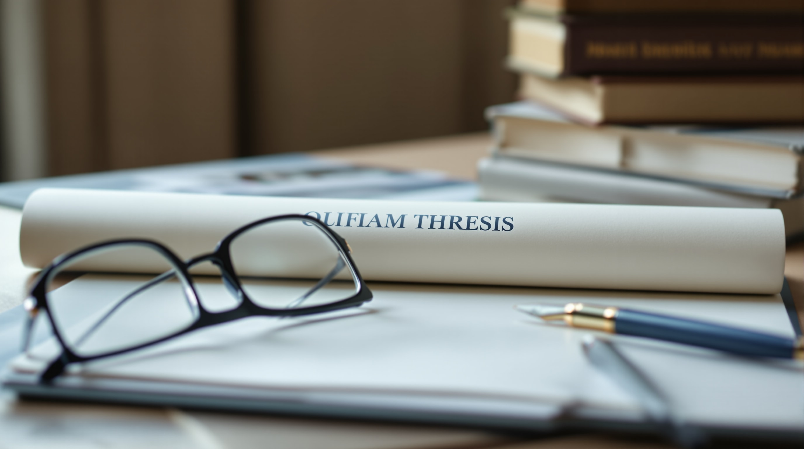 A bound thesis document on a scholar's desk